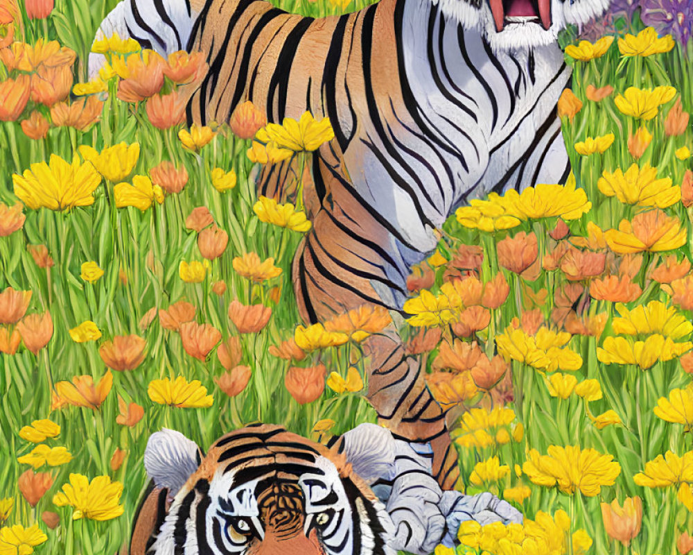 Two Tigers in Colorful Flower Field with Green Foliage