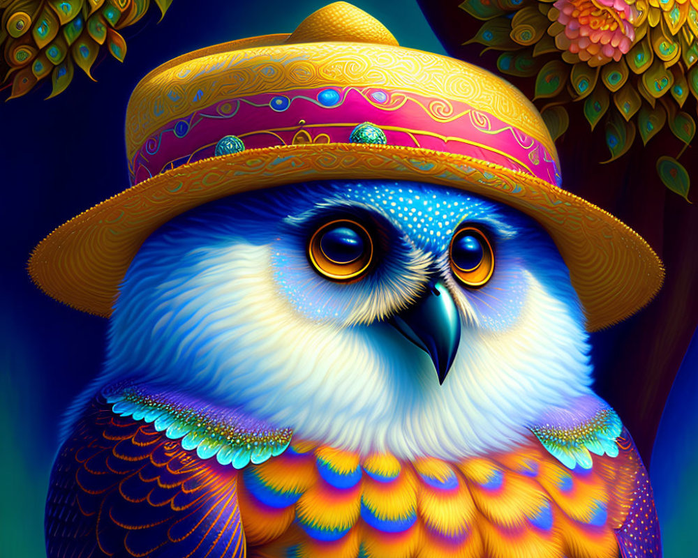 Colorful Owl Illustration with Decorative Hat in Vibrant Foliage