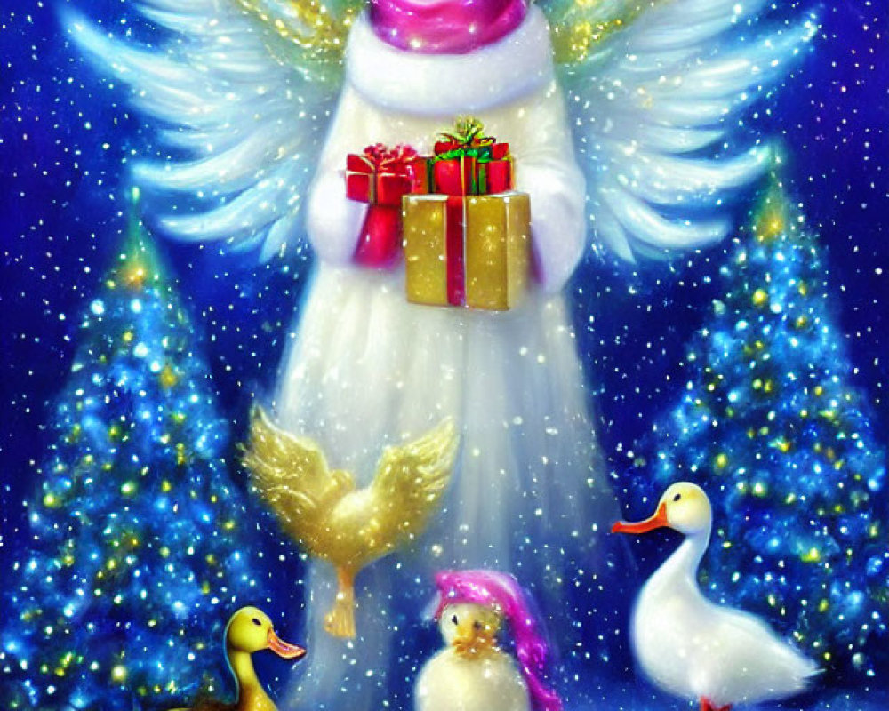 Cat angel with Santa hat and gifts, ducks, chick, and festive trees in snowy scene