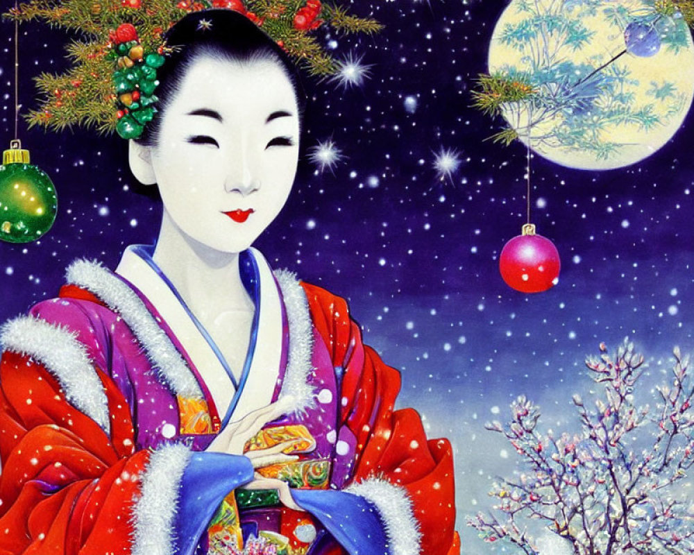 Smiling geisha in festive kimono under snowy night sky