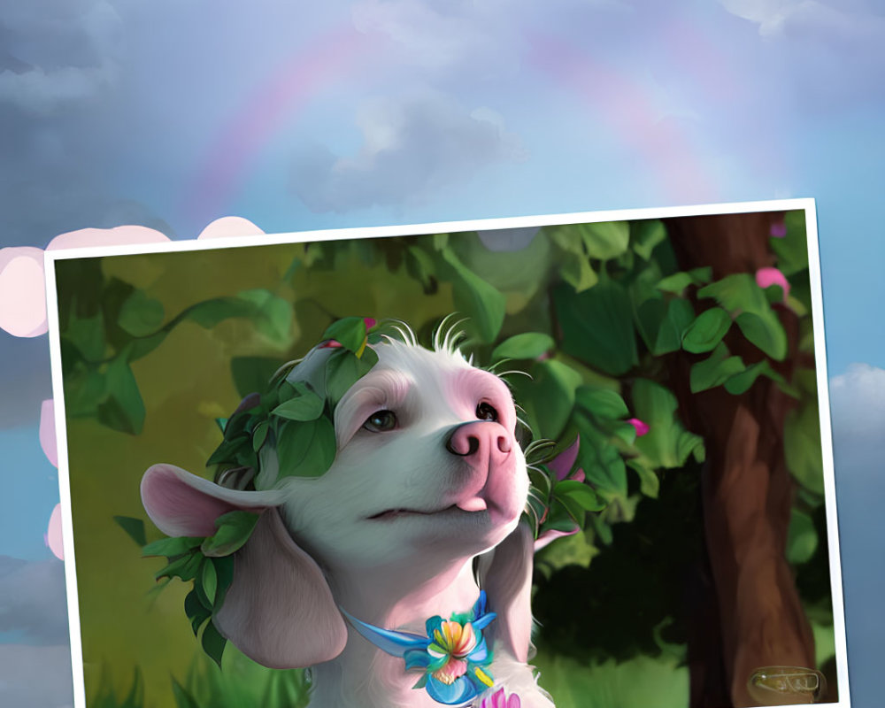 Dog with leafy crown and rainbow in cloudy sky