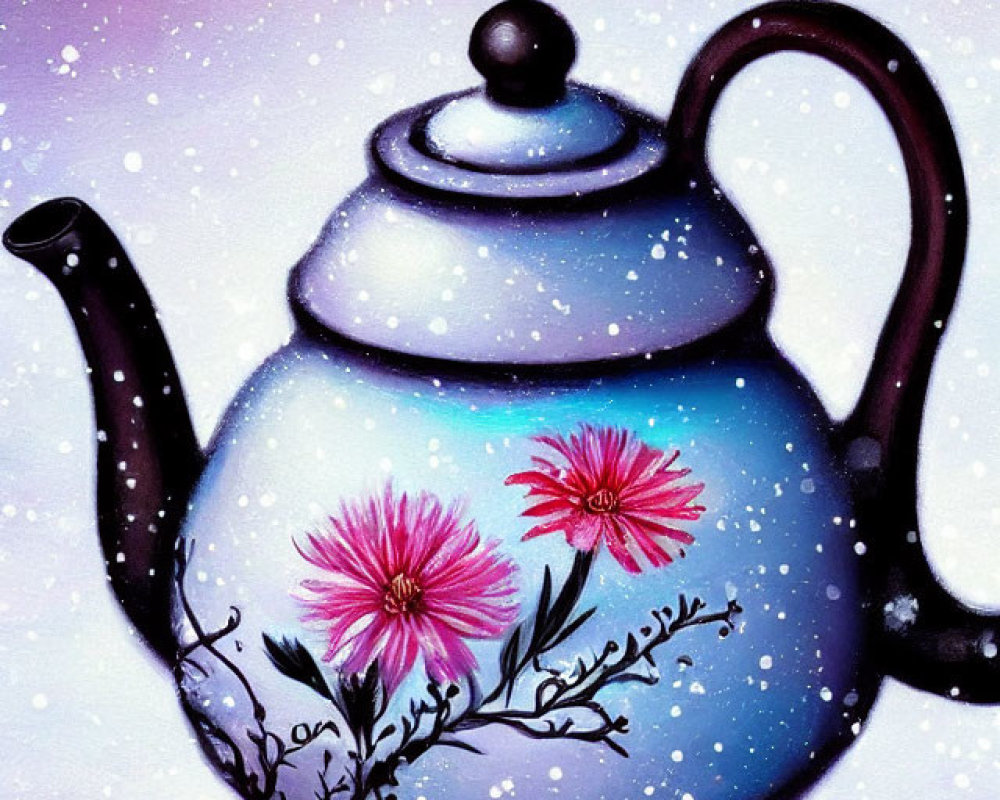 Blue teapot with pink flowers on snowy backdrop - cozy winter scene