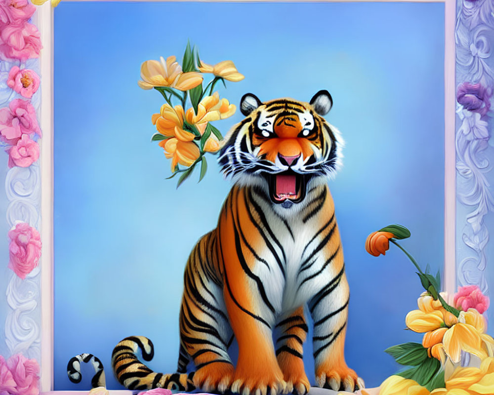 Colorful Tiger Illustration in Floral Frame