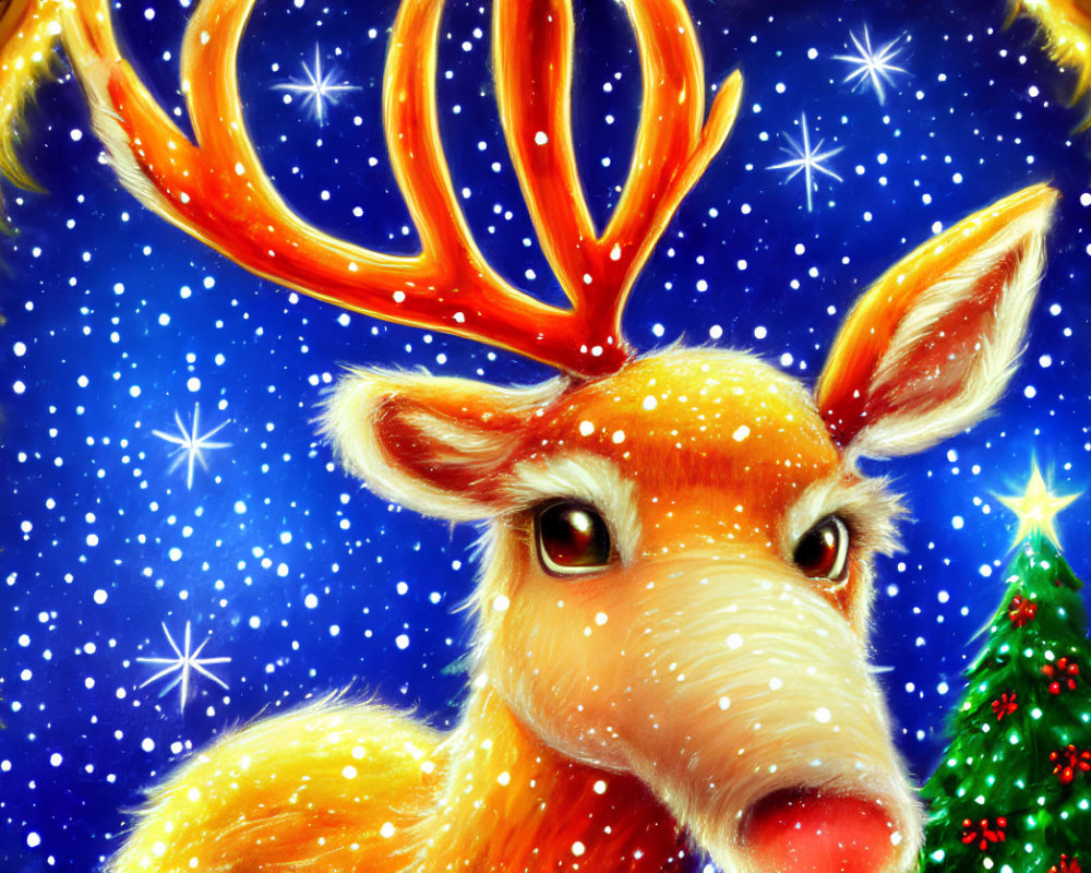 Colorful reindeer with glowing red nose and festive antlers in snowy night scene.