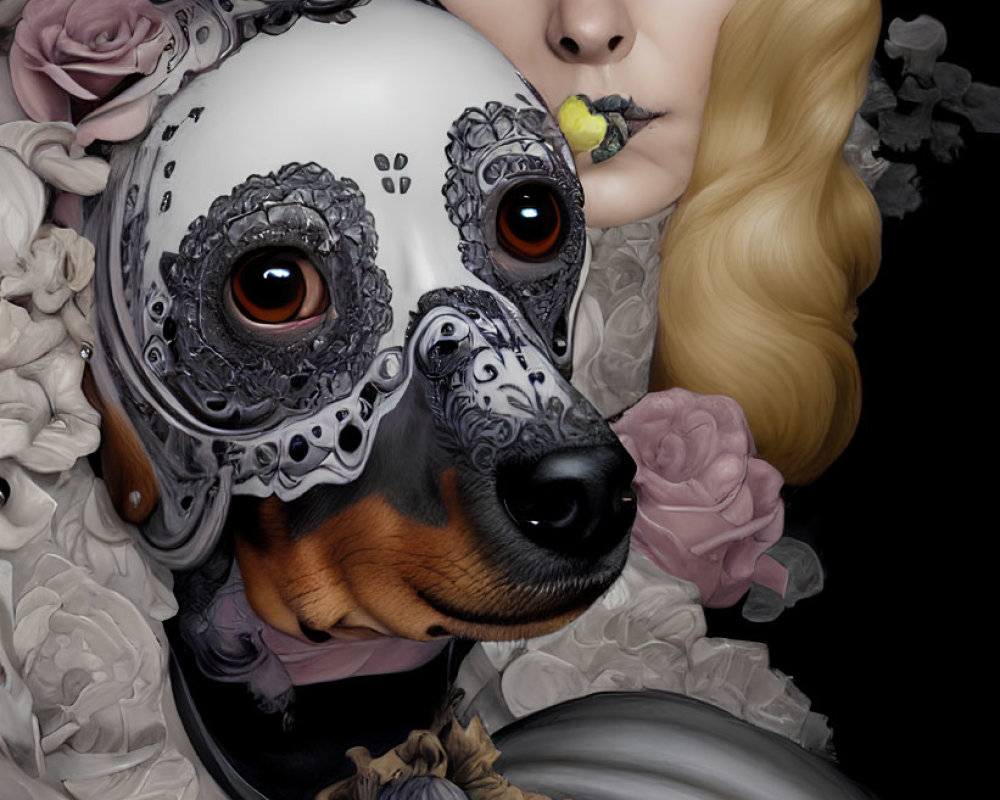 Blonde woman and Dachshund with mask among dark flowers