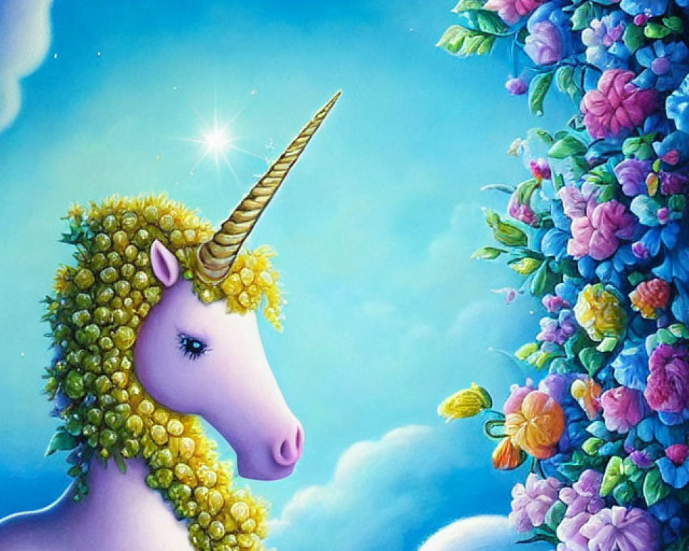 Colorful unicorn with golden horn and floral mane under starry sky