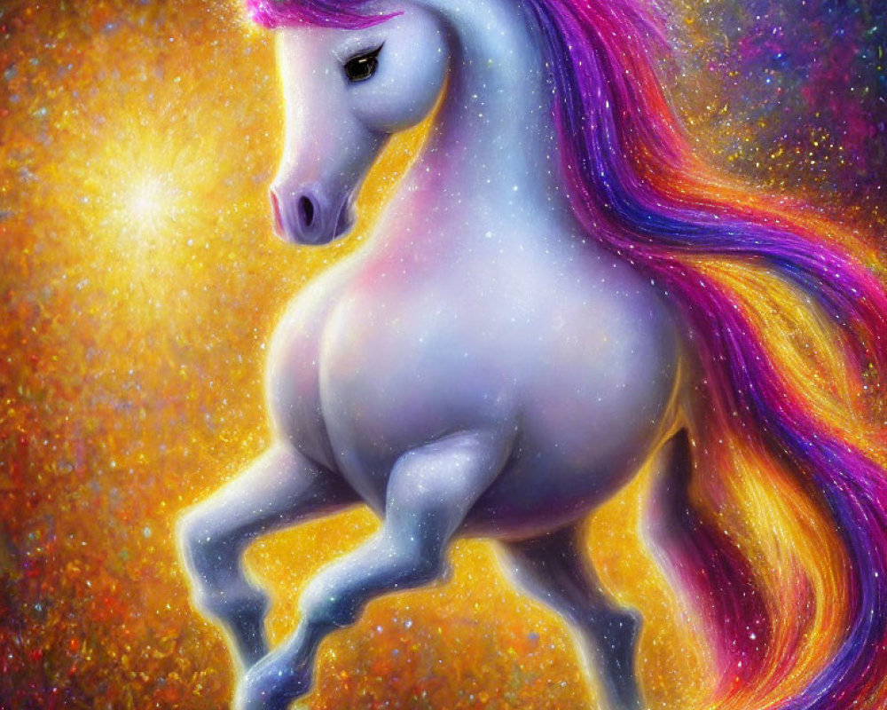 Vibrant Unicorn Illustration with Purple Mane and Nebula Background