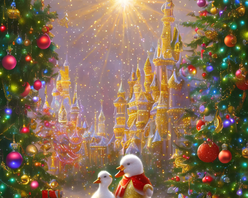 Snowmen, Christmas trees, star, and golden castle in festive scene