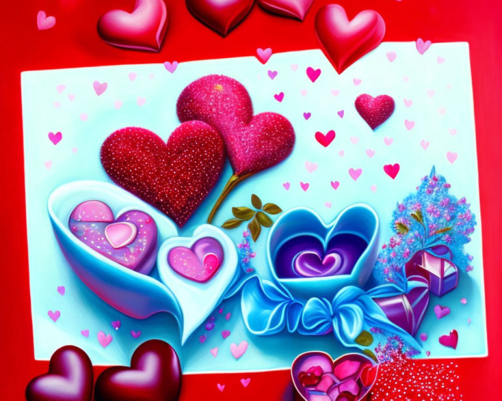 Vibrant heart-themed artwork with bowls and tree on red background