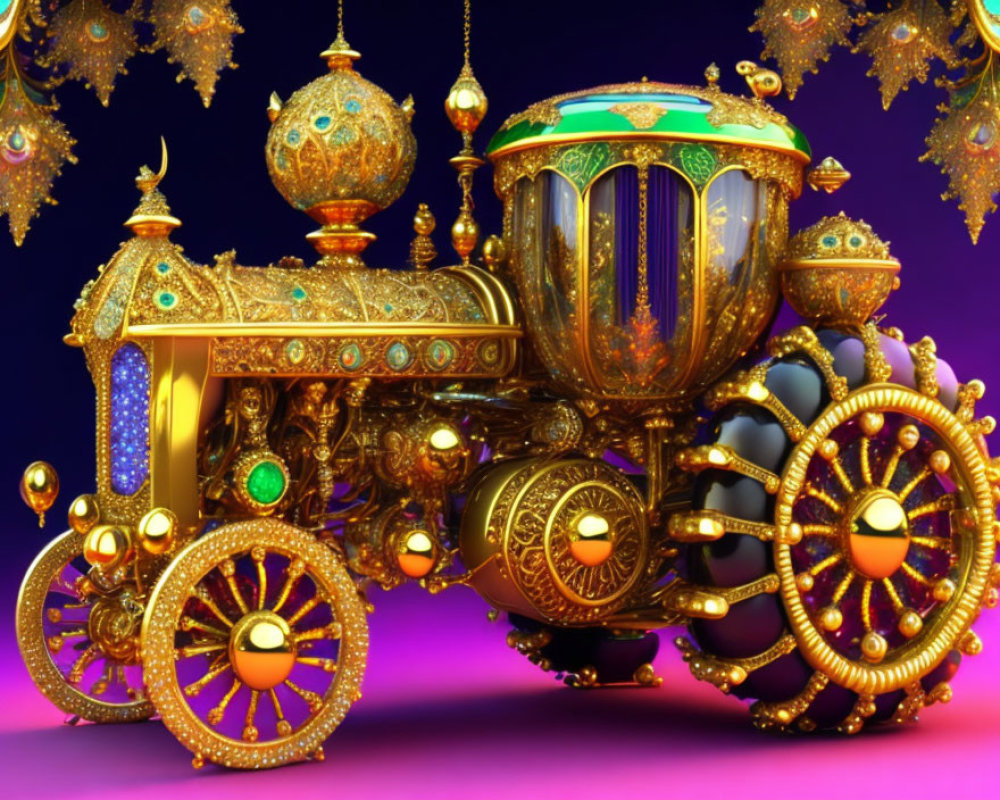 Golden Carriage with Jewel Embellishments on Purple Background