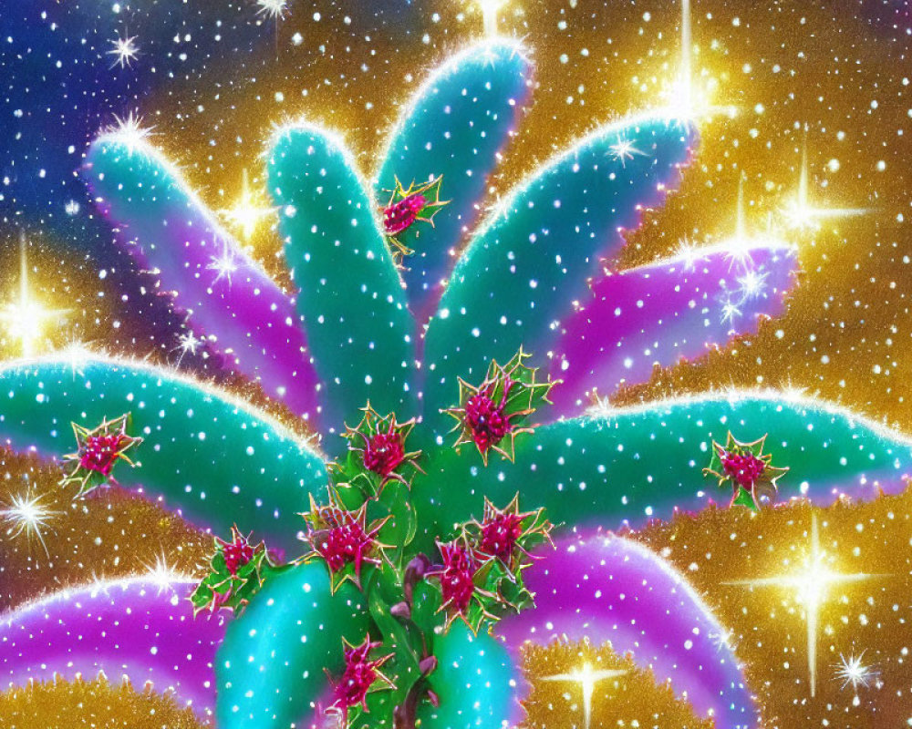 Colorful Cactus Illustration under Starry Sky with Pink Flowers