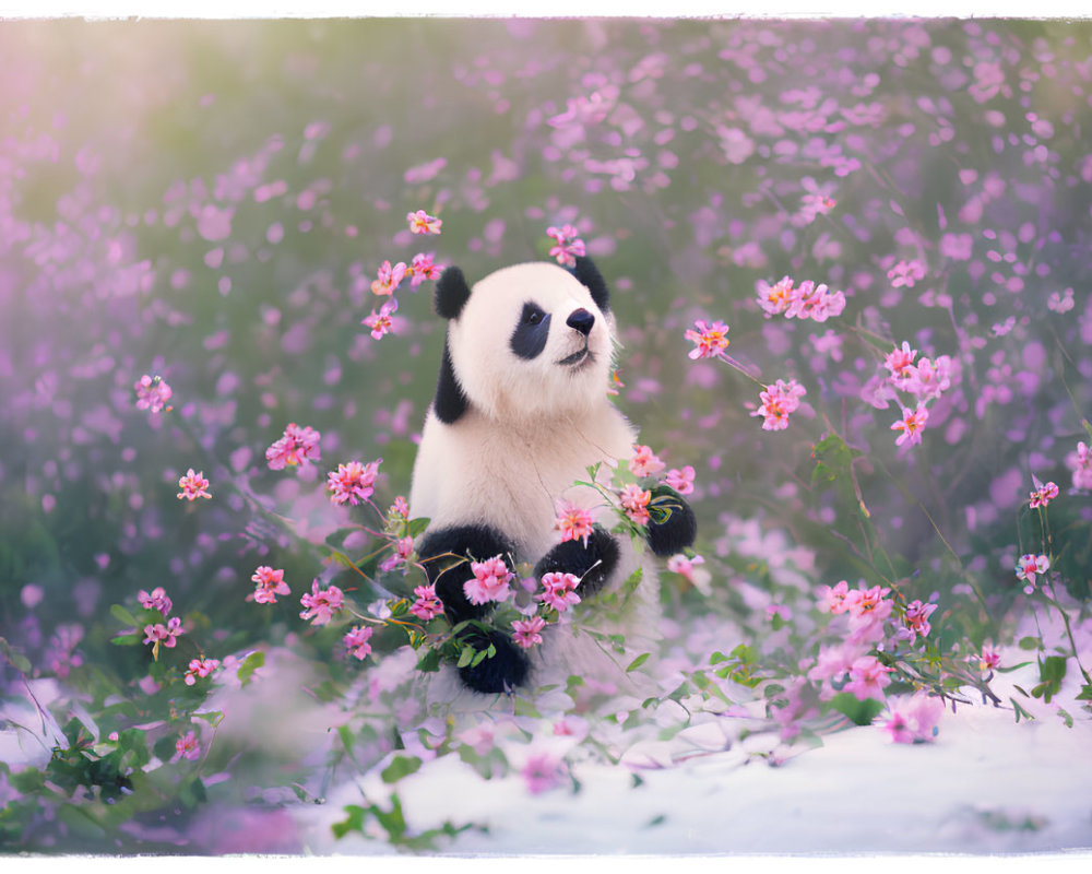 Panda surrounded by pink flowers and foliage in soft-focus pastel setting