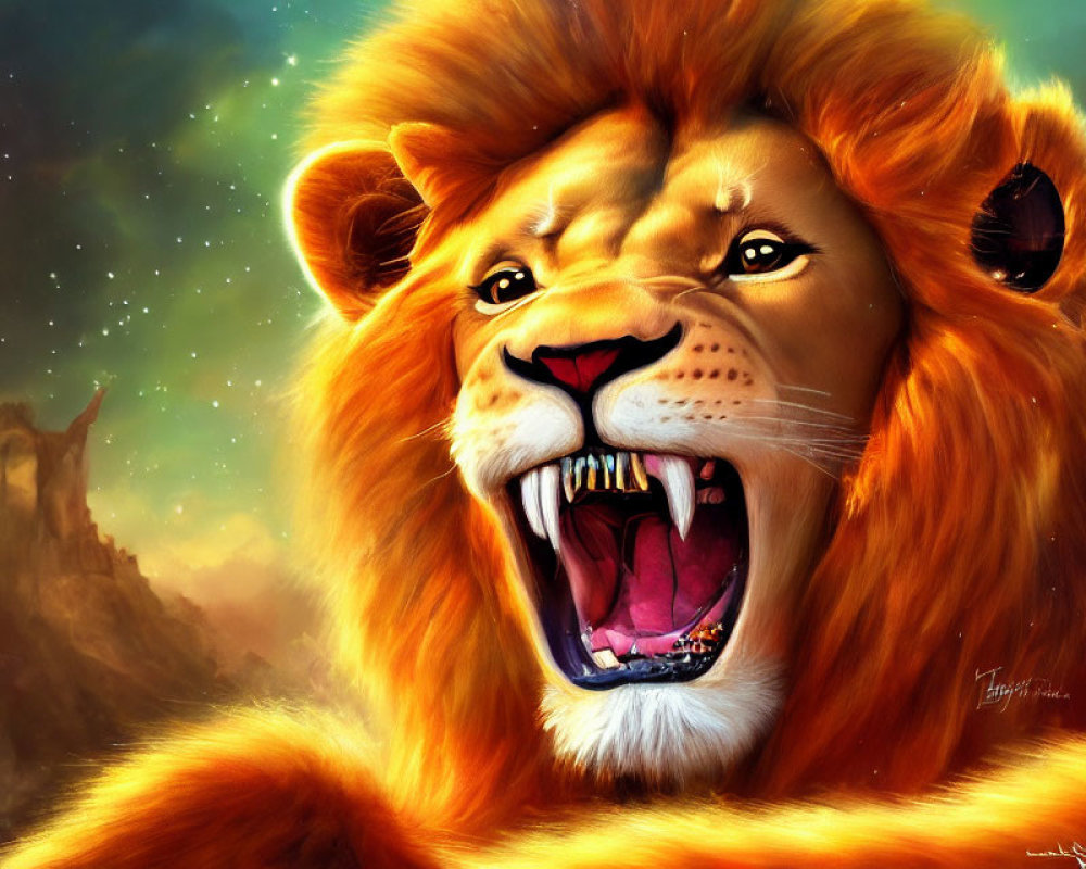 Majestic lion with vibrant mane roaring under starry sky