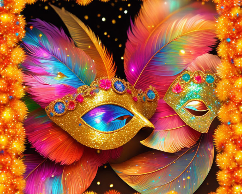 Colorful masquerade masks with gem embellishments and vibrant feathers.