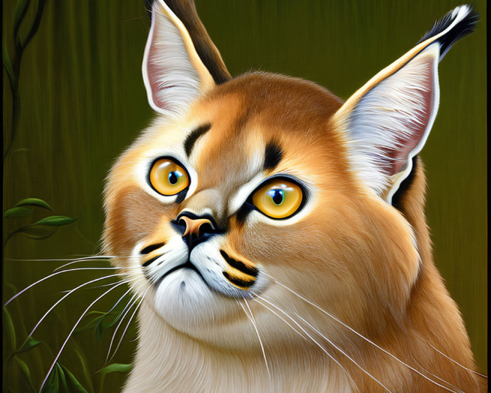 Illustration of caracal with amber eyes and ear tufts in green foliage