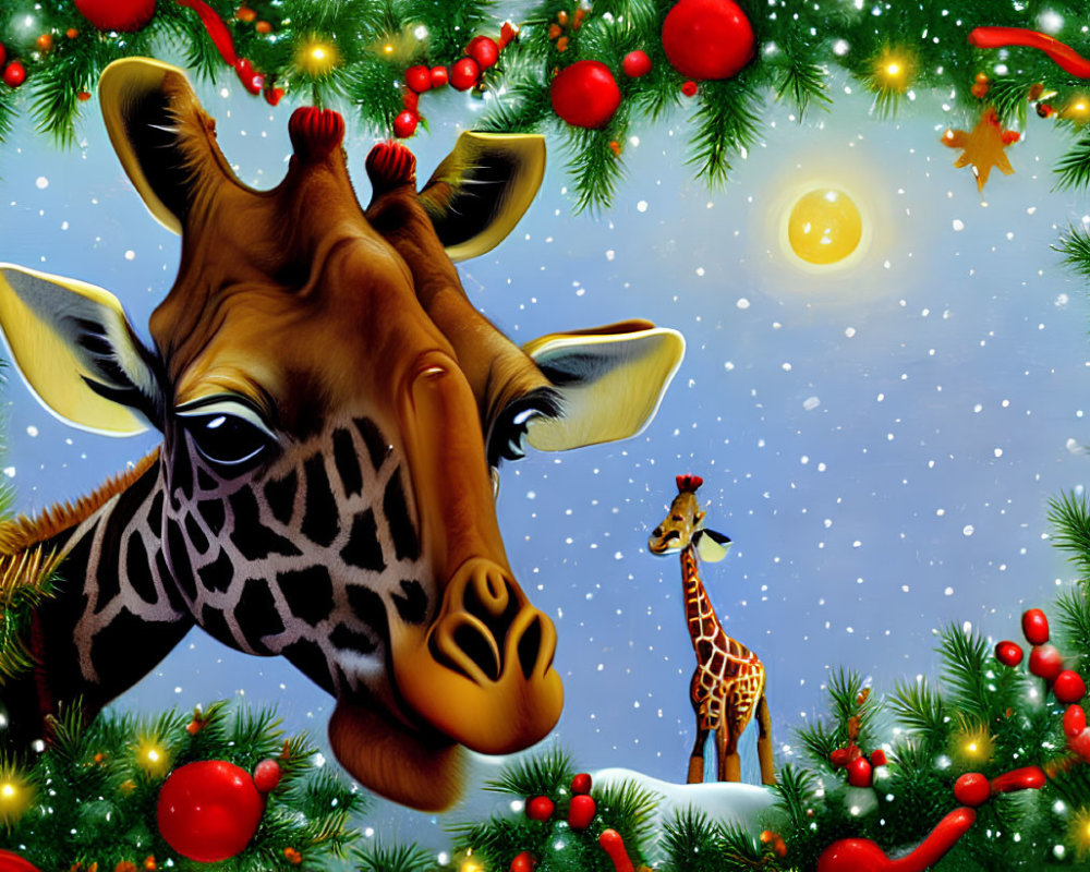 Close-Up Giraffe Surrounded by Christmas Decorations and Snowy Landscape