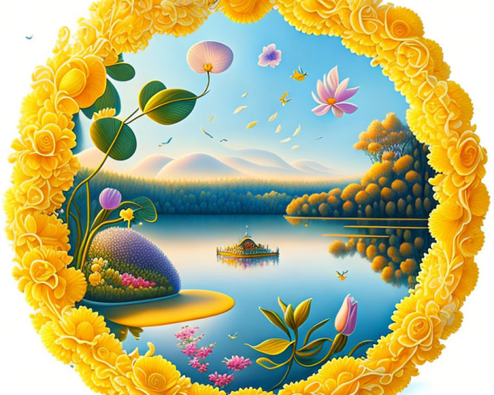 Circular Floral Border Artwork: Serene Lake Scene with Mountains and Boat