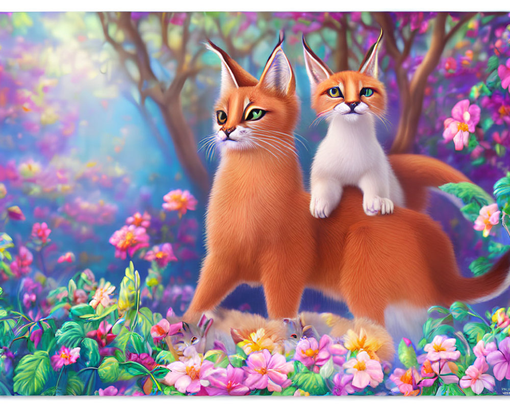 Anthropomorphic orange cats in vibrant flower setting.