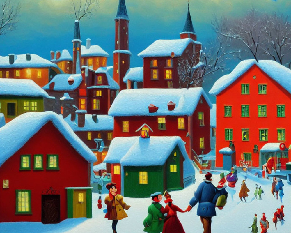 Snowy village painting with red buildings, church, and ice skating scene.