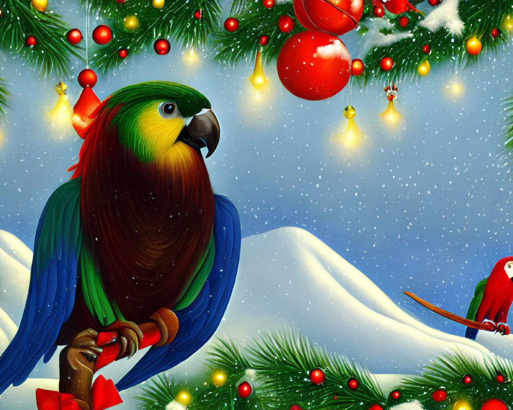 Colorful Christmas parrots illustration with snow-covered hills and trees