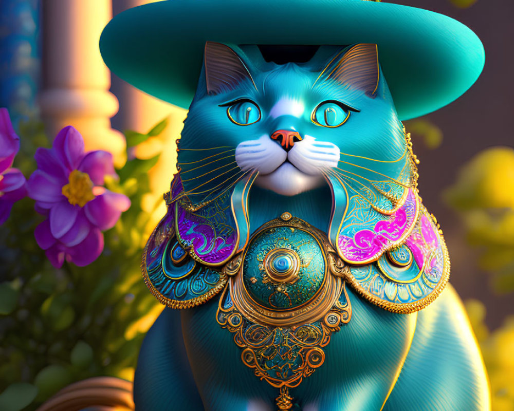 Colorful digital artwork of a blue cat in ornate jewelry and hat against floral backdrop