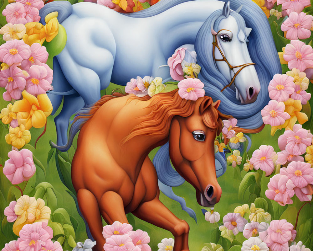 Illustrated horses with vibrant flowers in blue and brown