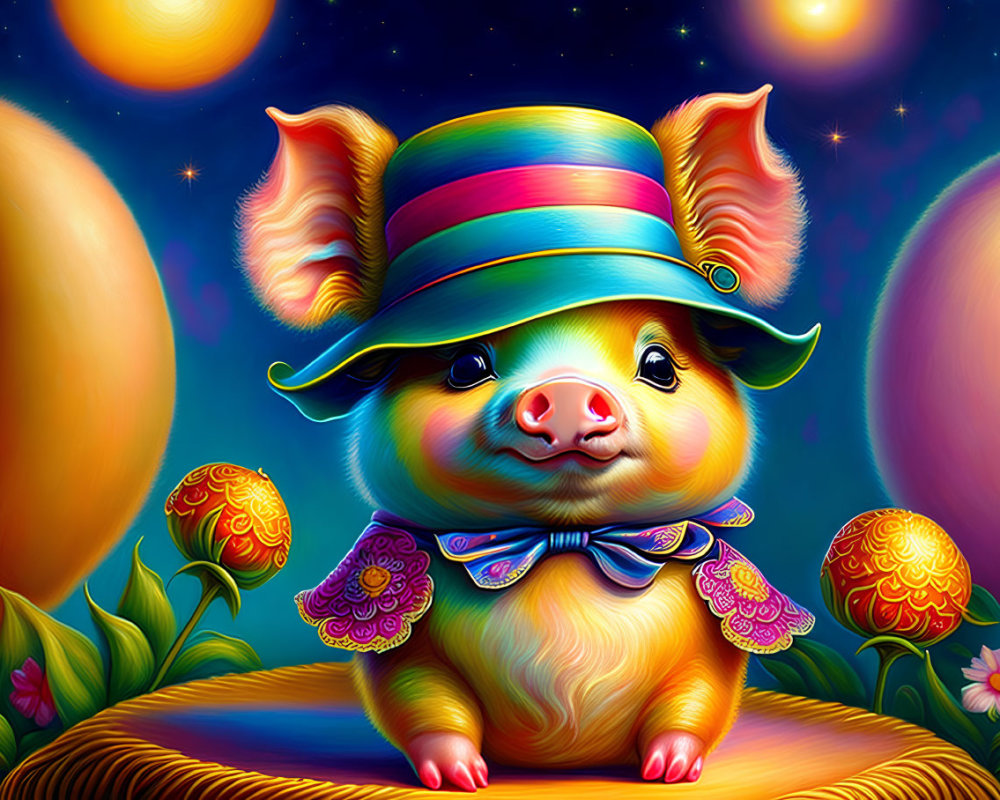 Illustration of piglet in hat and bowtie on starry backdrop with planets