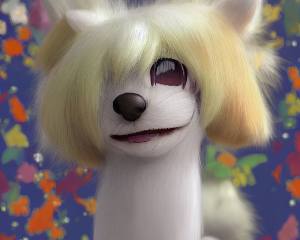 Stylized anthropomorphic dog with blonde hair in colorful floral setting