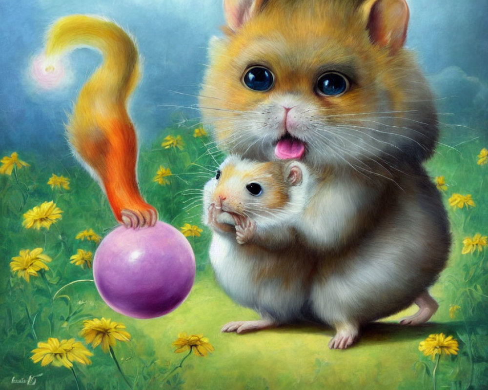 Chubby hamsters in dandelion field with bubble gum bubble