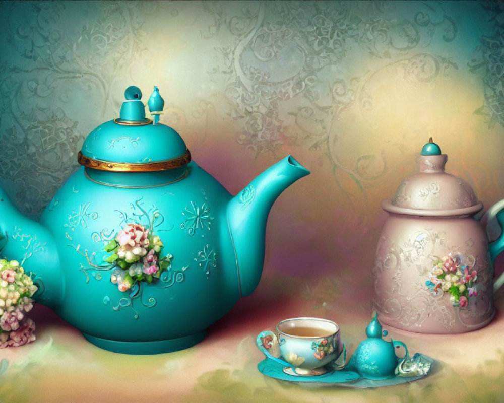 Colorful Teapot and Tableware Illustration on Pastel Background