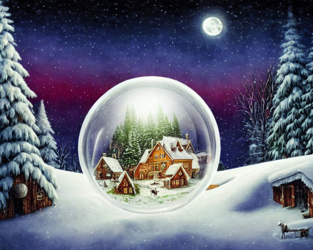 Snow-covered village in transparent sphere with night sky