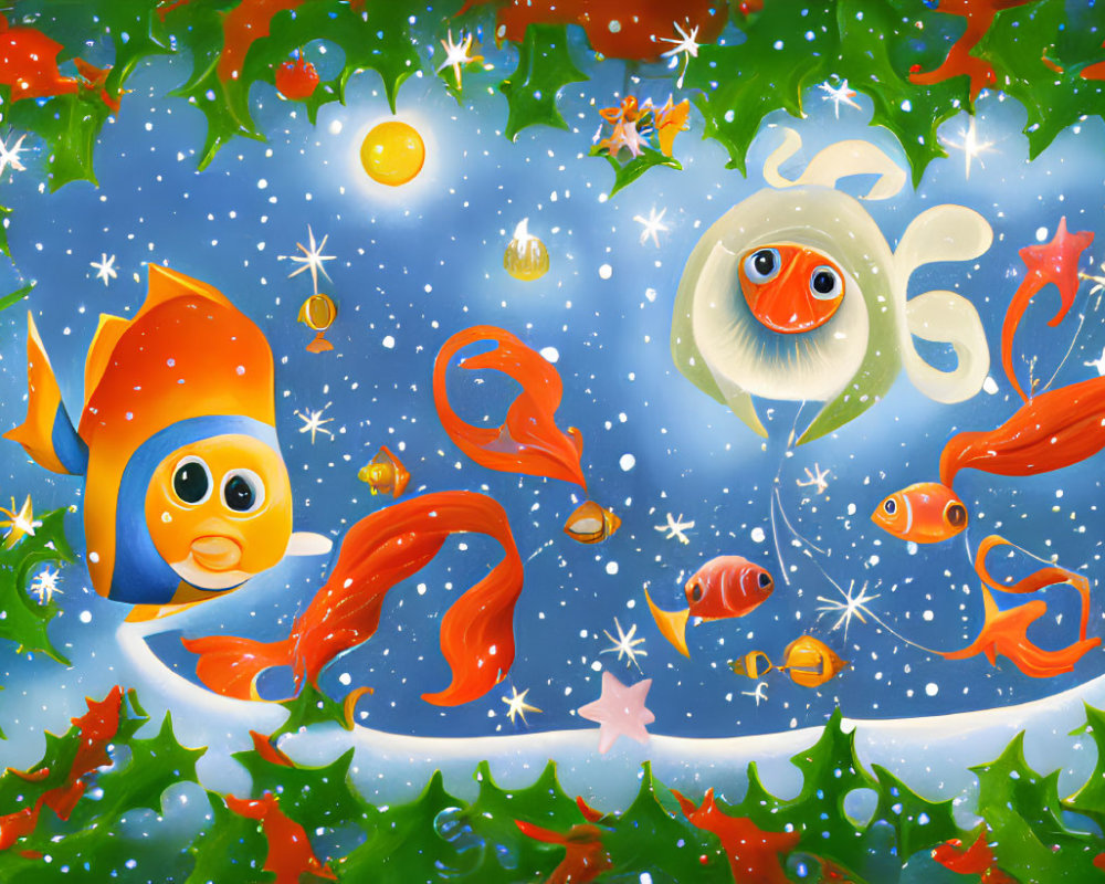 Colorful Underwater Holiday Scene with Cartoon Fish and Festive Decor