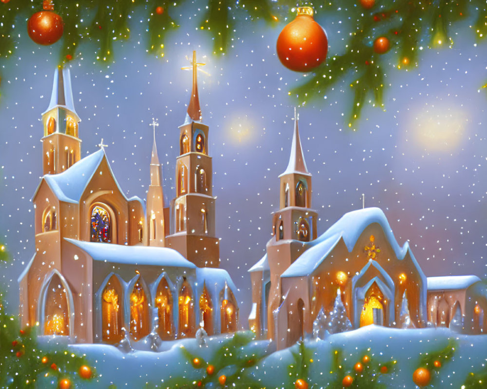 Snow-covered church with twin spires and Christmas decorations under starry night sky