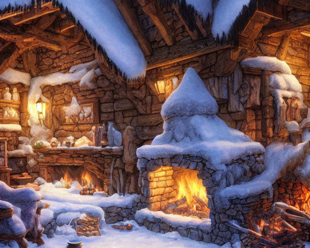 Snow-covered Cottage with Glowing Windows and Fires in Twilight Sky