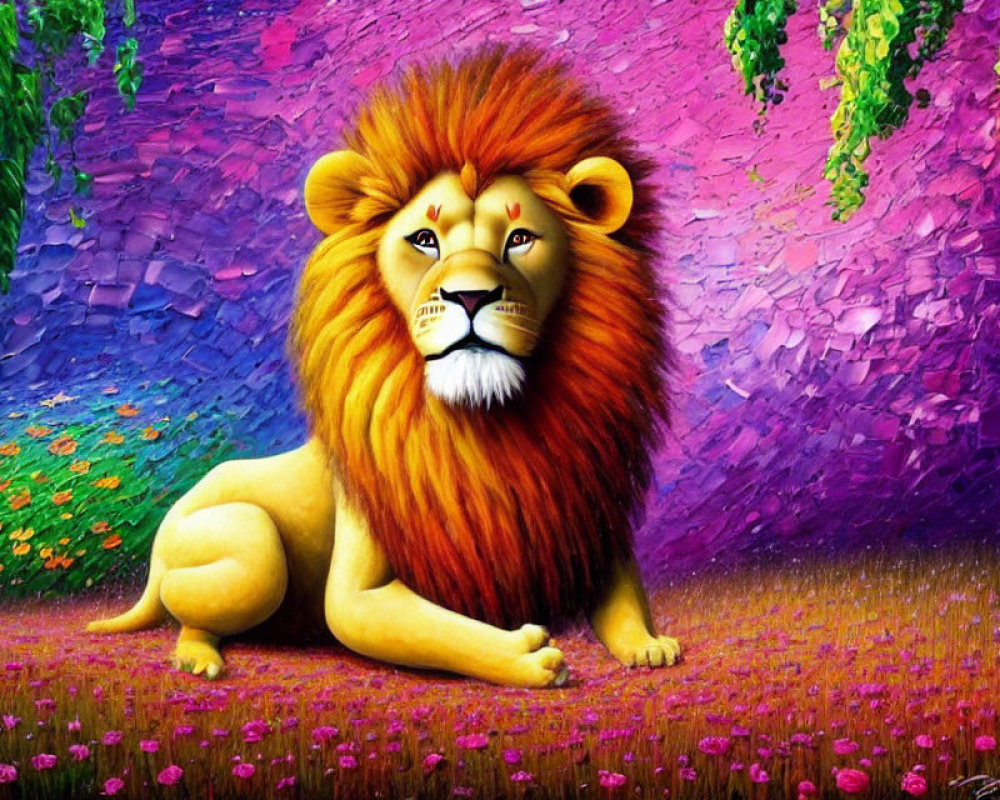 Majestic lion in colorful floral landscape