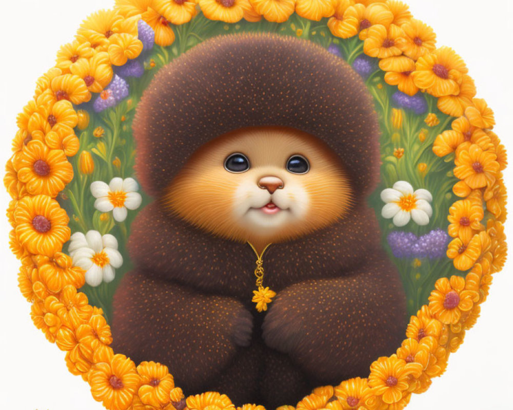 Fluffy Animal Surrounded by Vibrant Floral Oval Frame