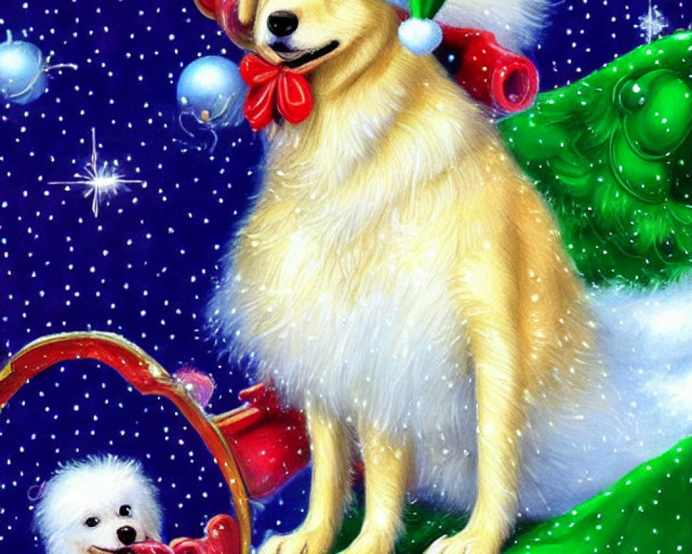 Golden dog in Santa hat and red bow on green sled with small white dog under snowy skies and twink