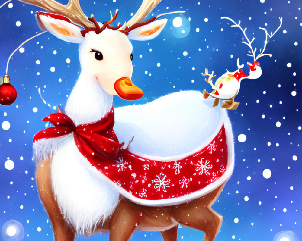 Illustration of festive reindeer with red nose, adorned antlers, scarf, and bird in snowy