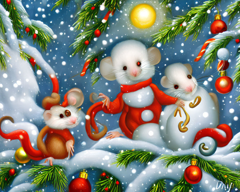 Three Cartoon Mice in Festive Attire Playing with Ornaments