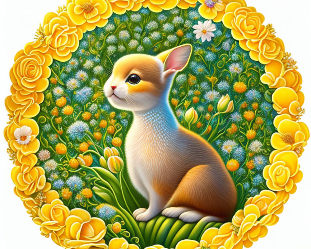 Illustrated rabbit in circular floral border with yellow and orange flowers and greenery