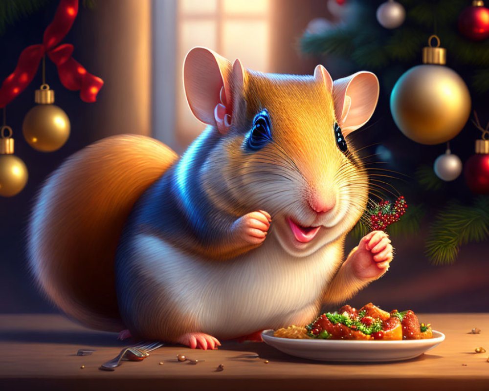 Smiling cartoon hamster with festive branch and Christmas decorations