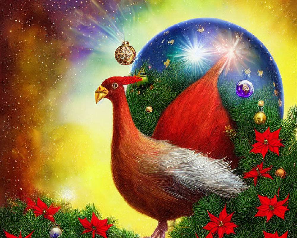 Colorful Christmas illustration with red cardinal, wreath, cosmic backdrop, and planet bauble.