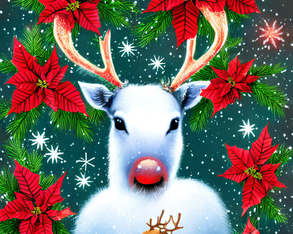 Festive reindeer with red nose among poinsettias and snowflakes on teal background