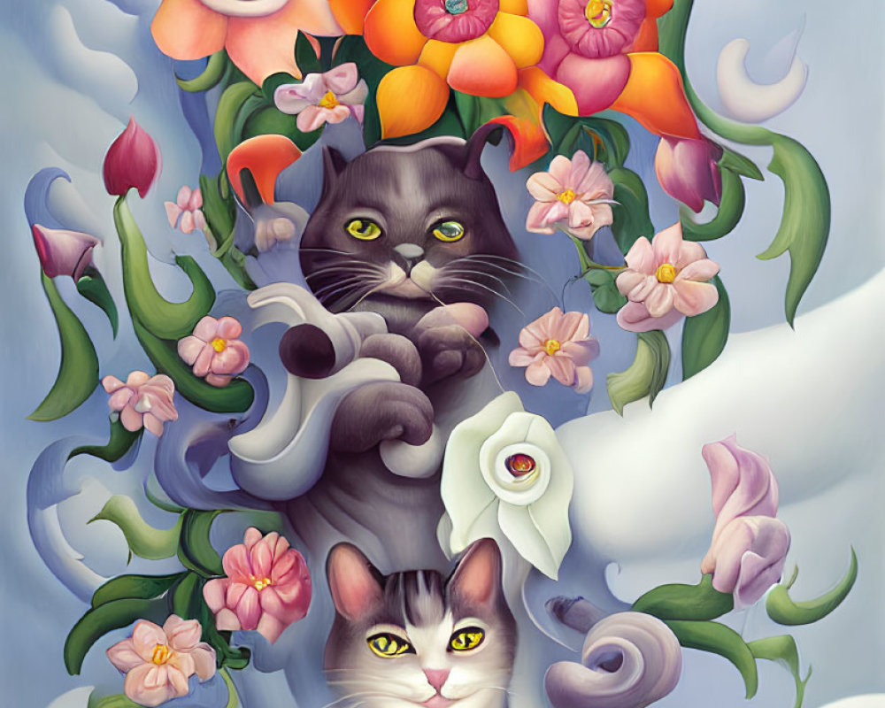 Whimsical vertical cat stack surrounded by vibrant flowers and leaves