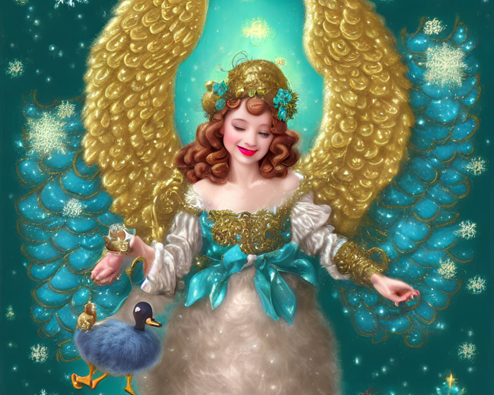 Smiling angel with golden wings holding a bird on teal background