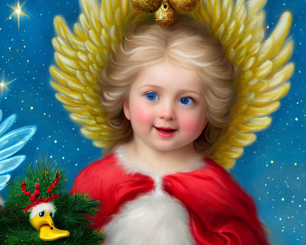 Cherubic angel with golden wings in red cloak among festive decorations