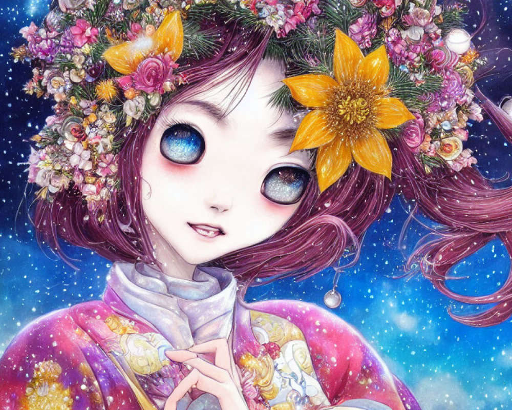 Anime-style girl with large blue eyes in kimono under starry sky