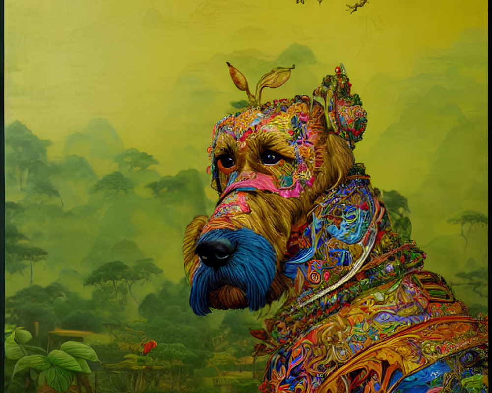 Colorful Ornate Dog Art Against Jungle Background