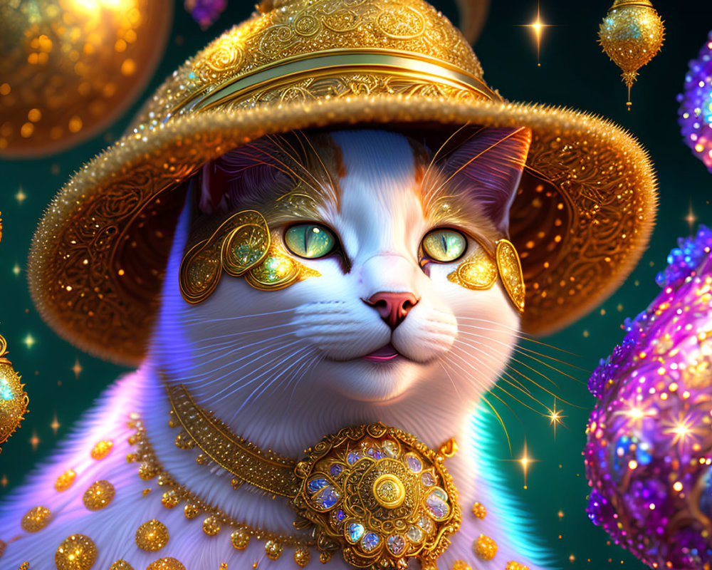 White Cat with Green Eyes in Ornate Jewelry and Hat on Mystical Background