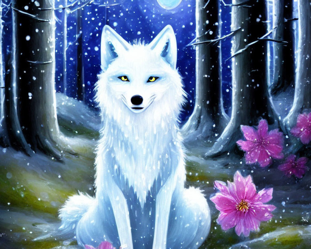 White Fox with Yellow Eyes in Snowy Forest with Pink Flowers and Falling Snowflakes